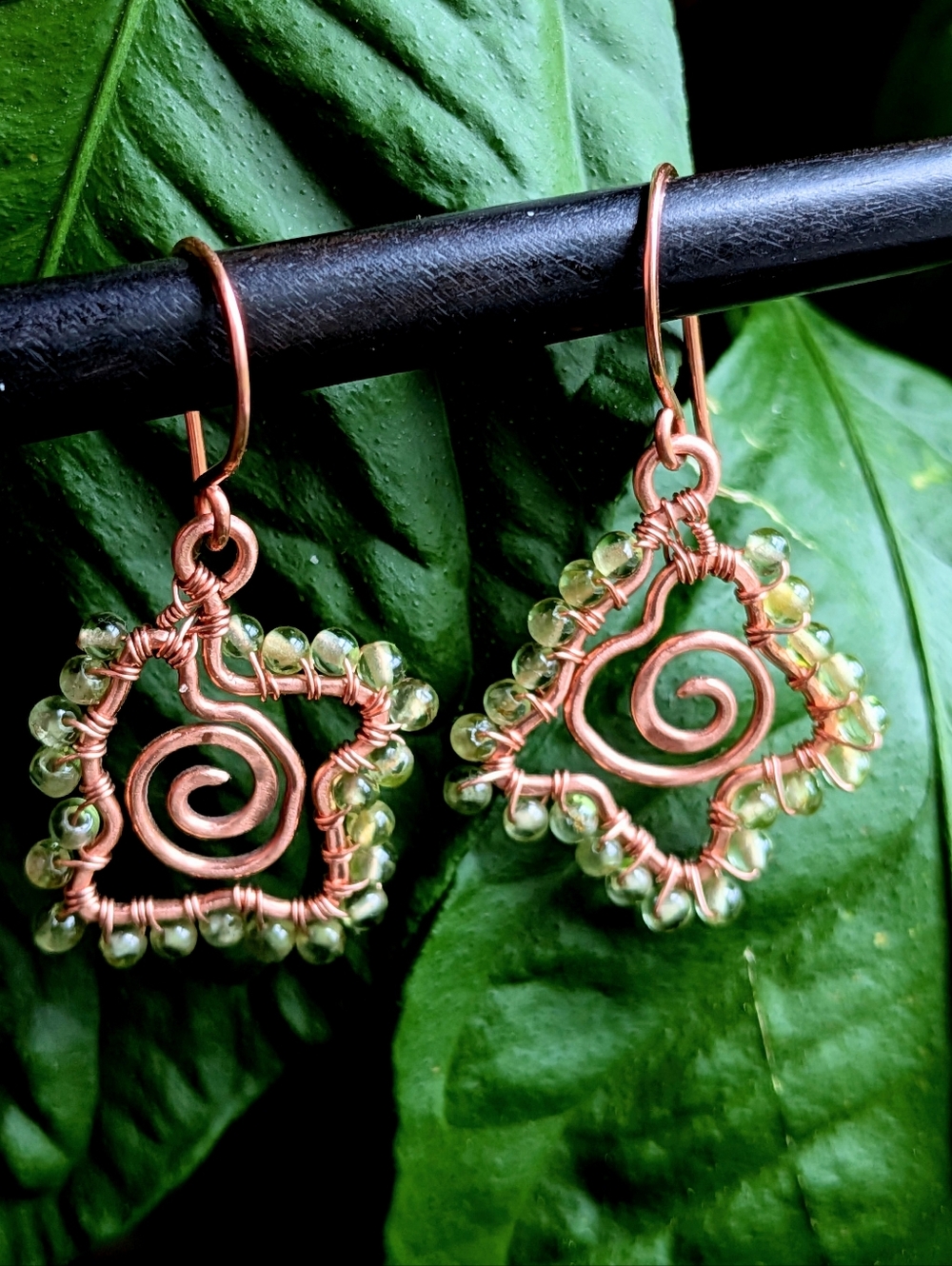 Copper Spiral Star Earrings-Artisan Crafted- Pastel Green- Natural Peridot Gems